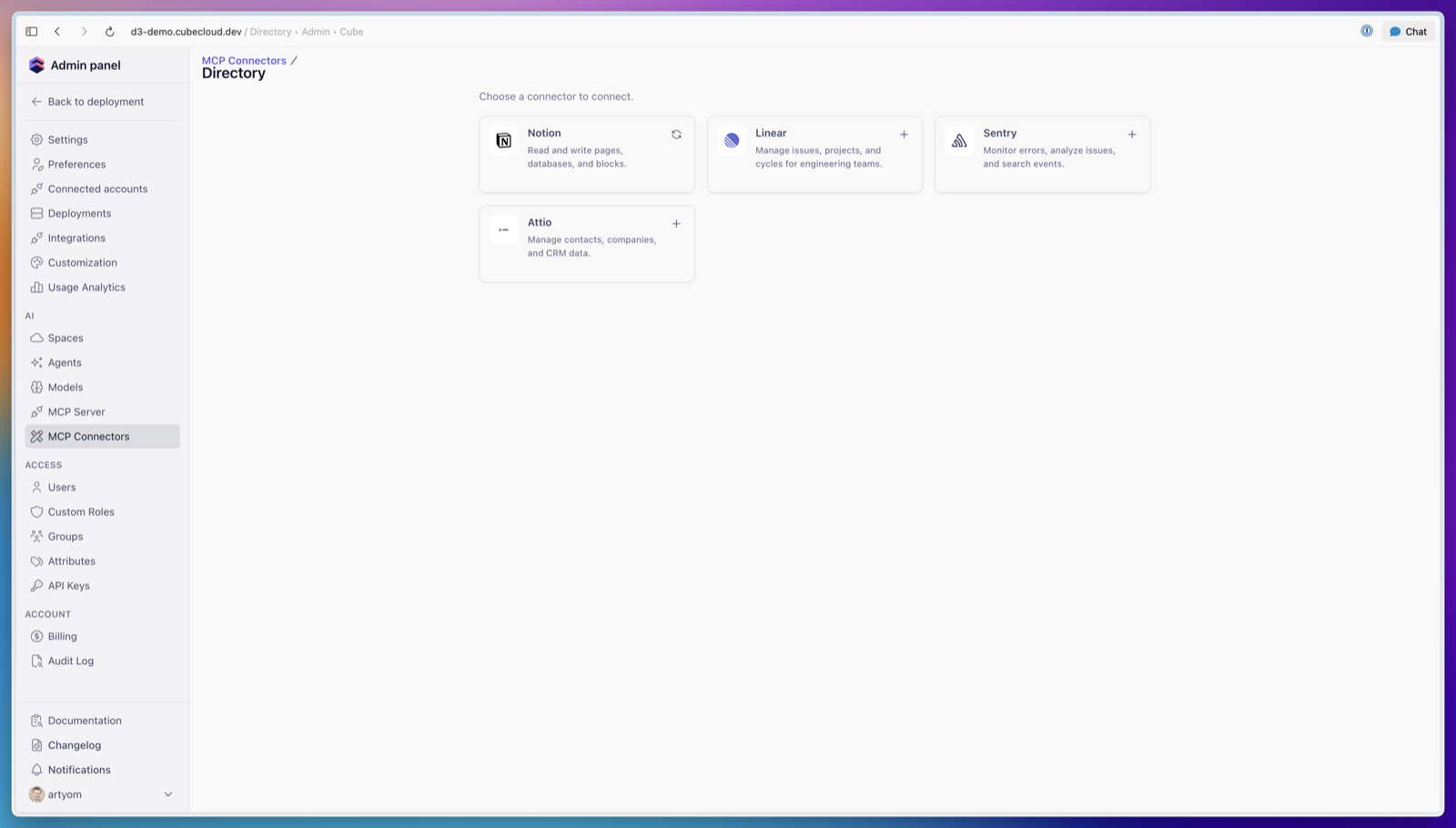 The MCP Connectors directory in the Cube admin panel, showing the Notion, Linear, Sentry, and Attio connectors available to add