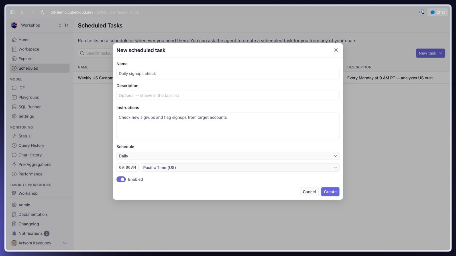 New scheduled task dialog in Cube with name, instructions, a daily schedule with timezone, and an enabled toggle
