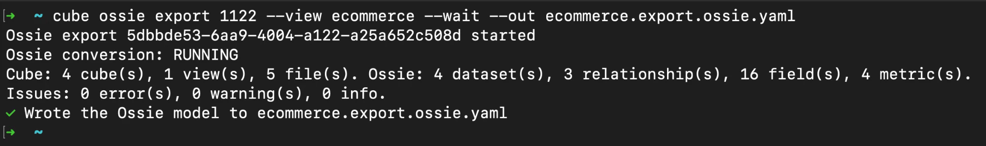 cube ossie export of the ecommerce view: 4 cubes, 1 view and 5 files converted to 4 Ossie datasets, 3 relationships, 16 fields and 4 metrics, with no issues