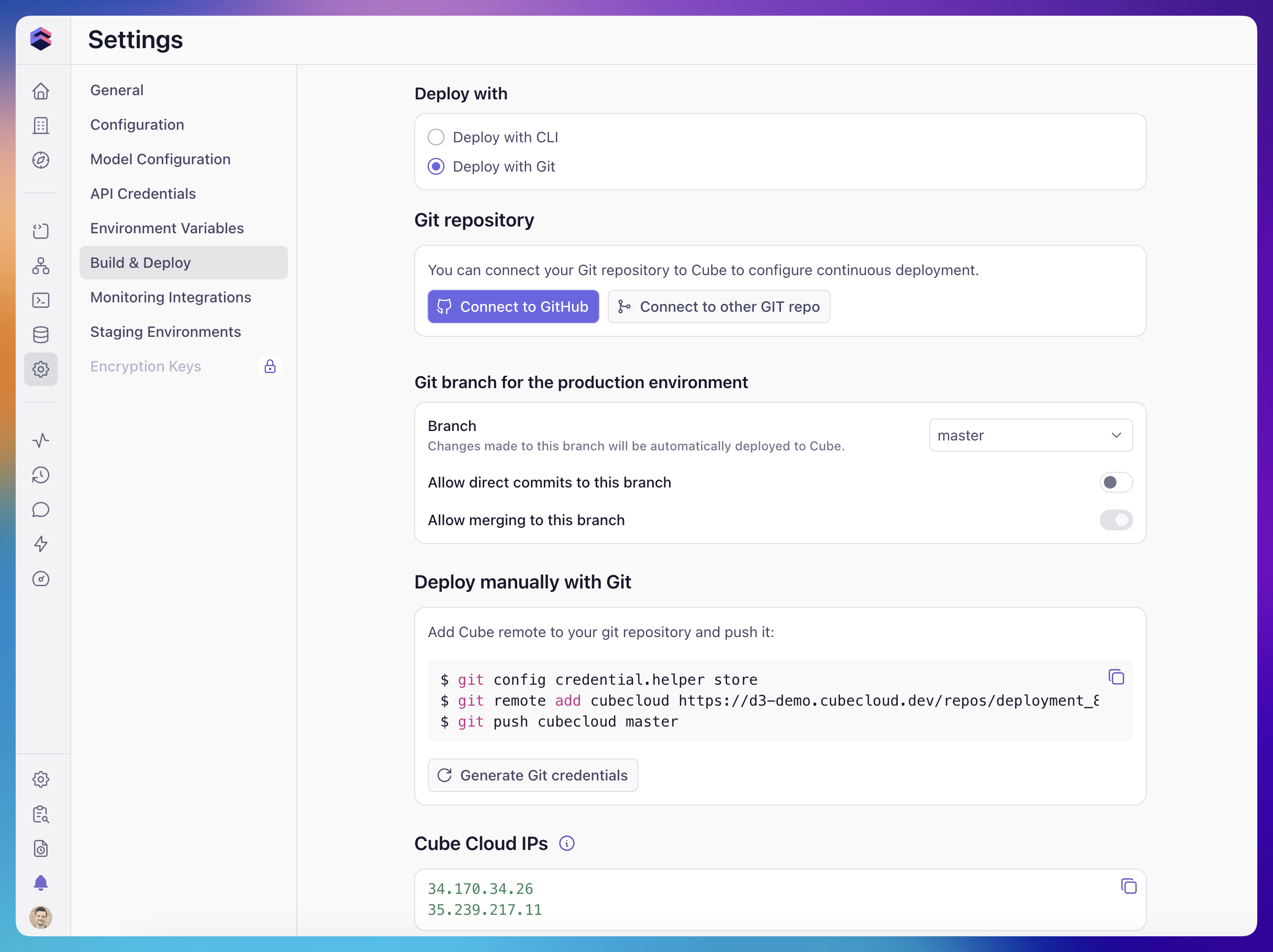 Build & Deploy settings tab with Deploy with Git selected