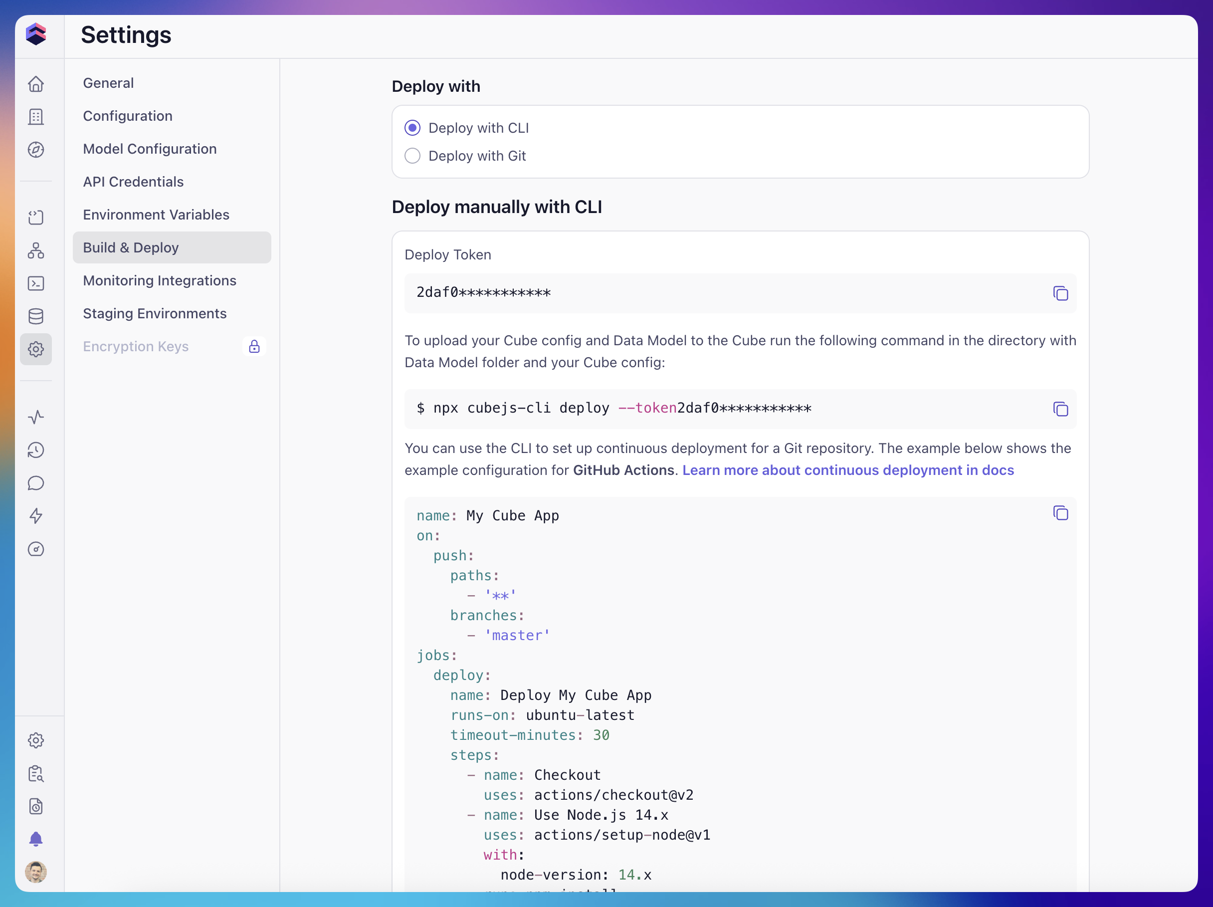 Build & Deploy settings tab with Deploy with CLI selected, showing the Deploy Token and a sample GitHub Actions workflow