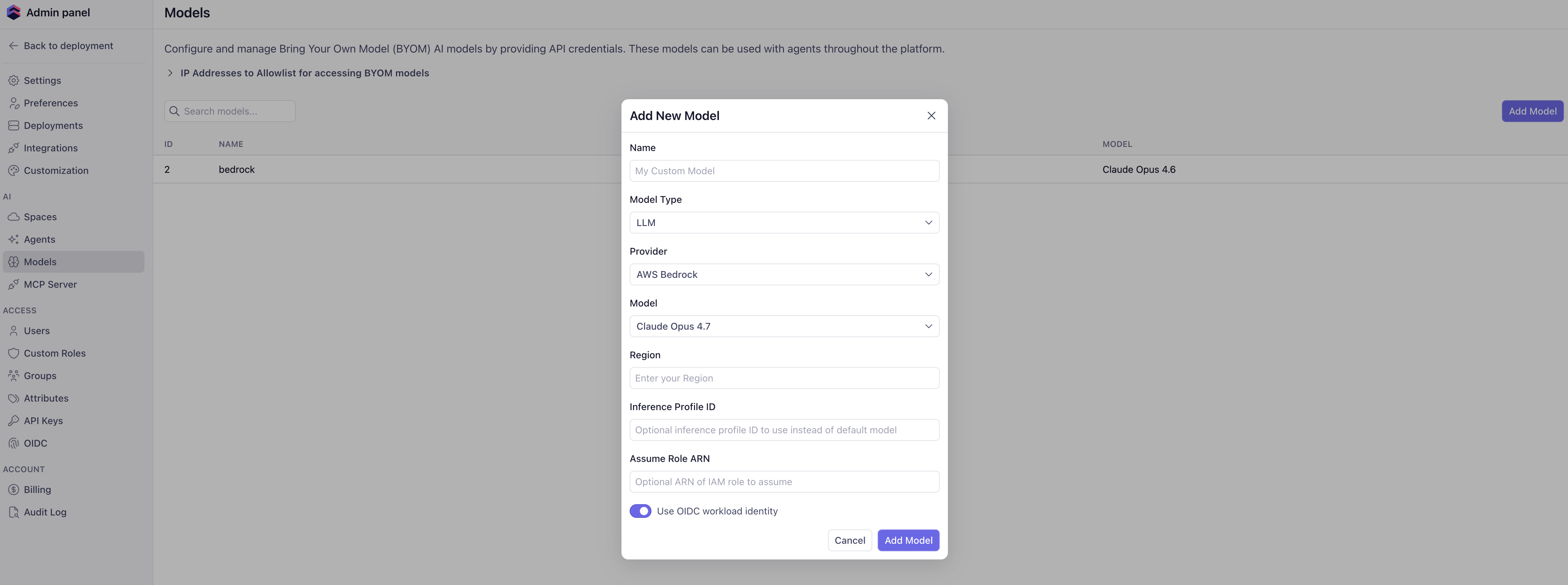 Admin → AI → Models → Add New Model modal in Cube Cloud, showing the AWS Bedrock provider selected with the Assume Role ARN field and the Use OIDC workload identity toggle on.
