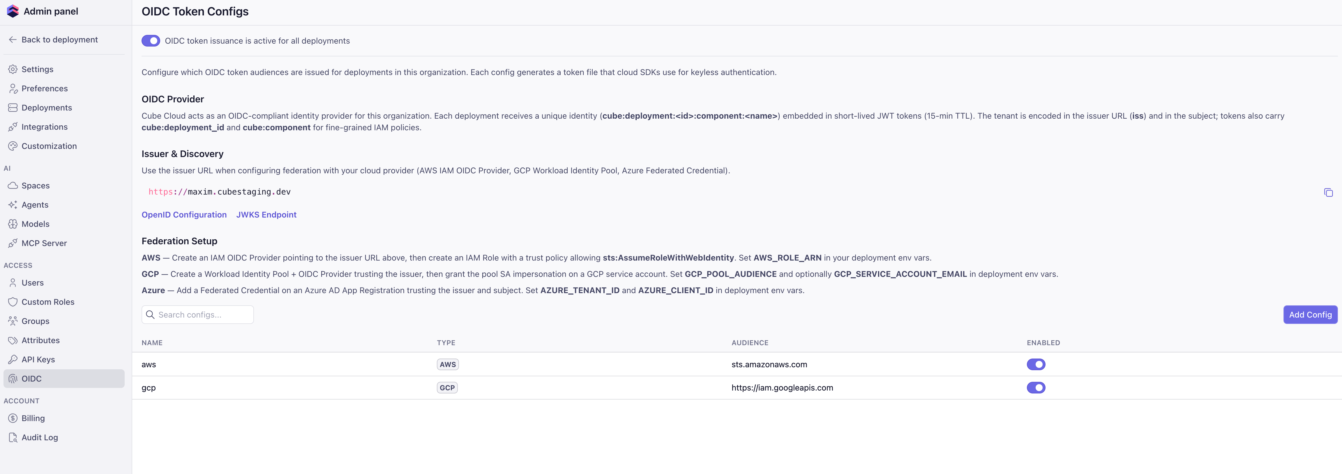 Admin → OIDC page in Cube Cloud showing the enable toggle, issuer URL, discovery and JWKS endpoint links, and the configured token configs table.