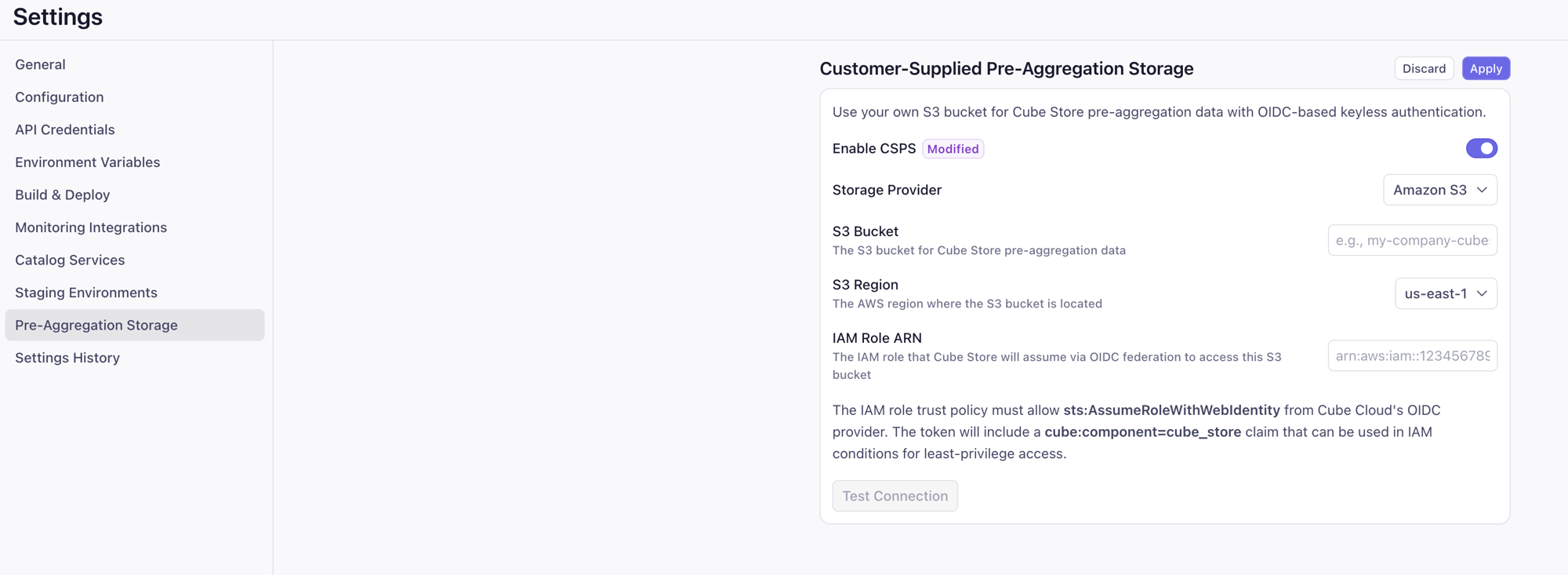 Settings → Pre-Aggregation Storage page on a Cube Cloud deployment, with the Enable CSPS toggle on and the Amazon S3 fields (S3 Bucket, S3 Region, IAM Role ARN) ready to fill in.