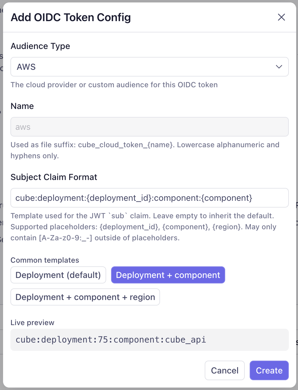 Add OIDC Token Config dialog in Cube Cloud, showing the Audience Type, Name, Subject Claim Format field with a Common templates picker, and a live preview of the rendered sub claim.