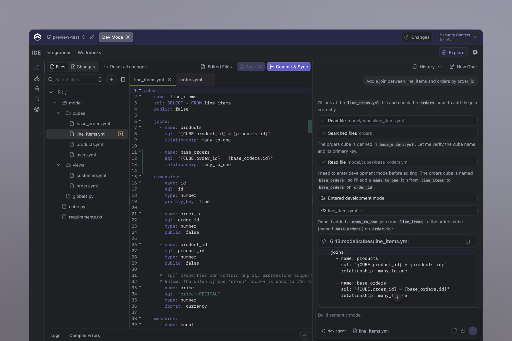 The Cube Data Model IDE in development mode, with the model in YAML and an agent editing it